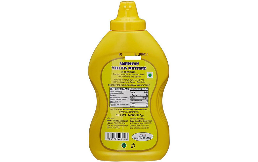 Abbie's American Yellow Mustard   Plastic Bottle  397 grams